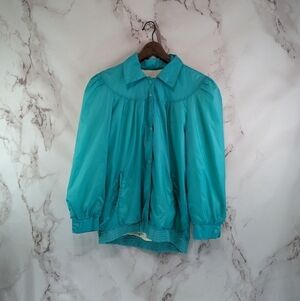 Vintage Jacket Woman Large Turquoise Windbreaker Flannel 80s 90s Puff Grannycore